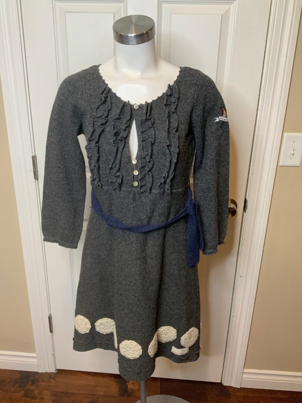 Odd Molly Gray Wool Polka Dot Ruffle Belted Knit Sweater Dress, Size Small (1)